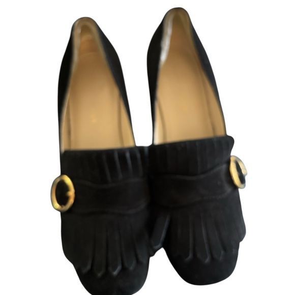 Marc Fisher Mabel Fringe Block 1.5 Heel Loafers 6.5M Gold Buckle Suede Leather - Picture 4 of 8